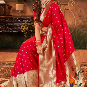 Cherry Red Zari Weaving Pure Silk Paithani Saree