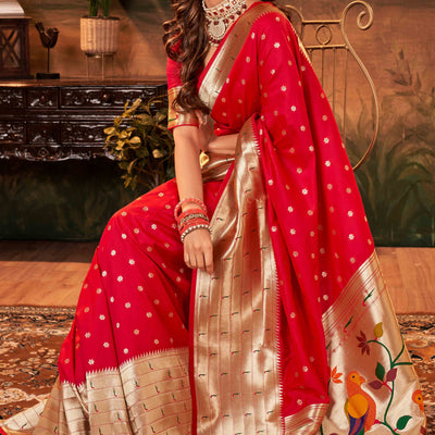 Cherry Red Zari Weaving Pure Silk Paithani Saree