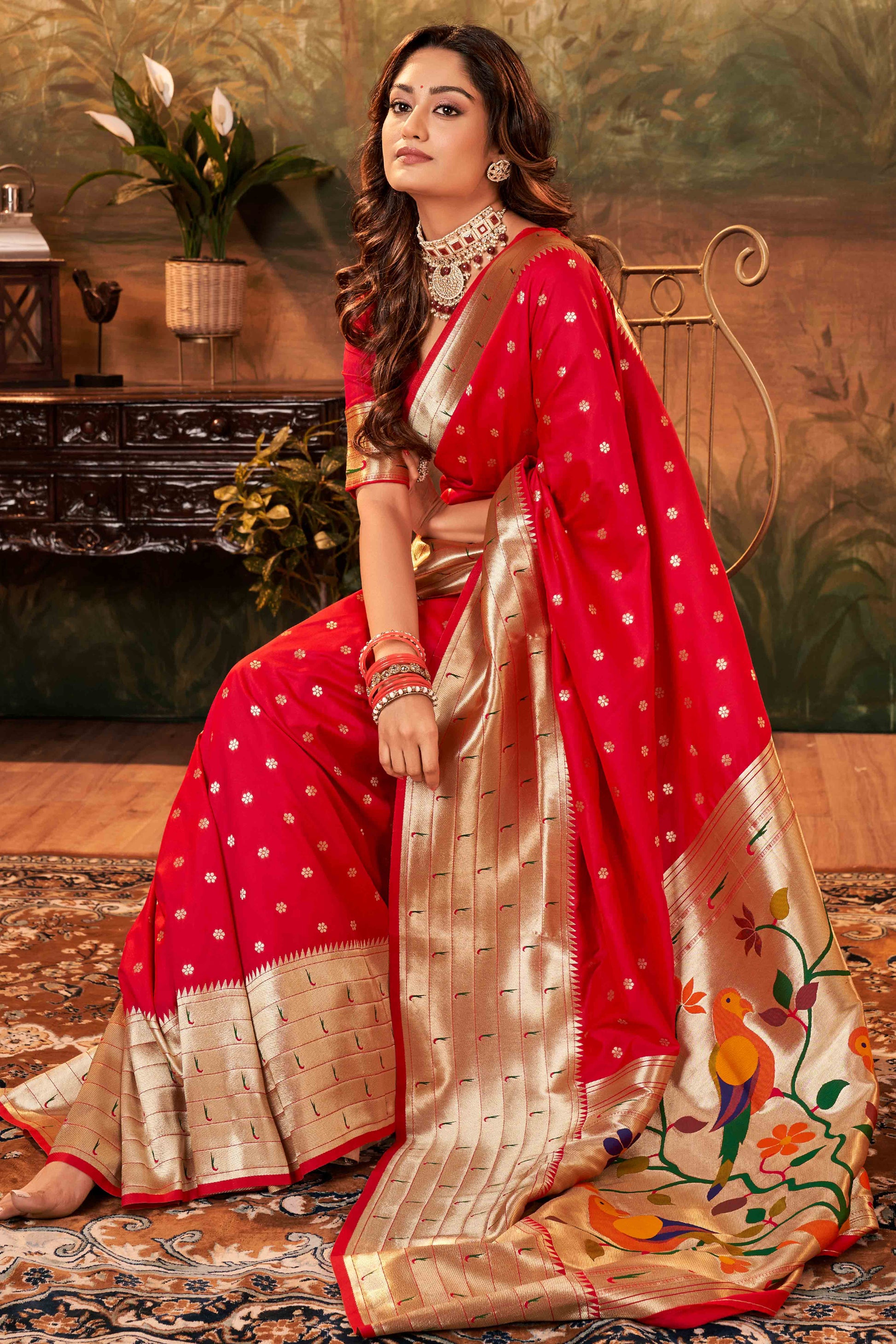 Cherry Red Zari Weaving Pure Silk Paithani Saree