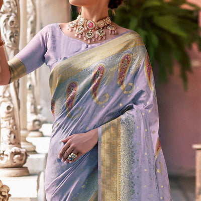 Light Purple Floral Woven Banarasi Silk Saree With Tassels