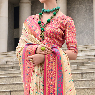 Cream Zari Woven Banarasi Silk Saree