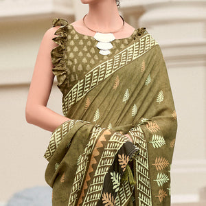 Mehendi Green Printed Mul Pure Silk Saree