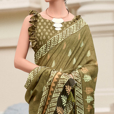 Mehendi Green Printed Mul Pure Silk Saree