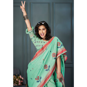 green-floral-woven-linen-saree-1