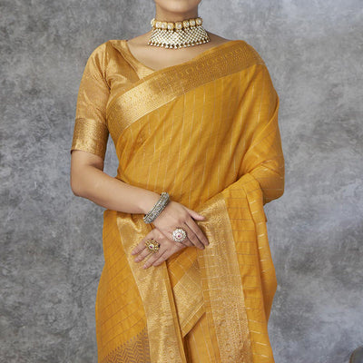 Mustard Woven Cotton Silk Saree With Tassels