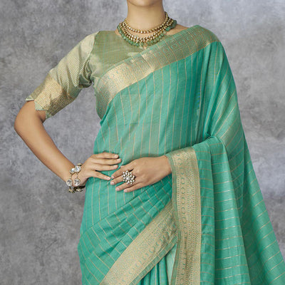 Turquoise Woven Cotton Silk Saree With Tassels