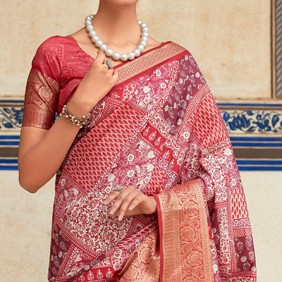 Gajri Pink Printed Dola Silk Saree