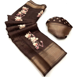 Brown Floral Foil Printed Dola Silk Saree With Jacquard Border