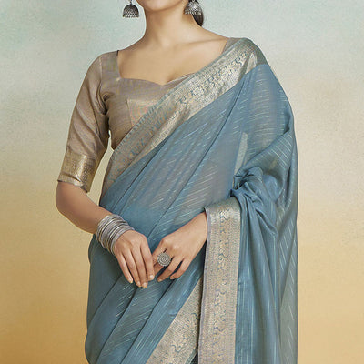 Grey Woven Cotton Silk Saree With Tassels