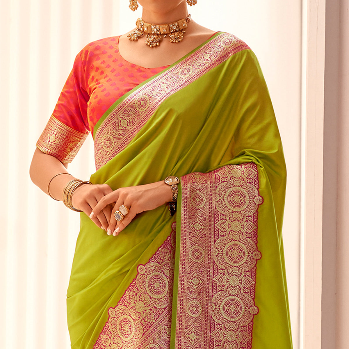 green-floral-woven-banarasi-silk-saree-with-tassels-9