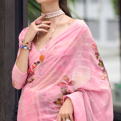 Pink Floral Digital Printed Georgette Saree