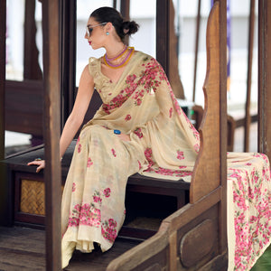 Cream Floral Digital Printed Georgette Saree