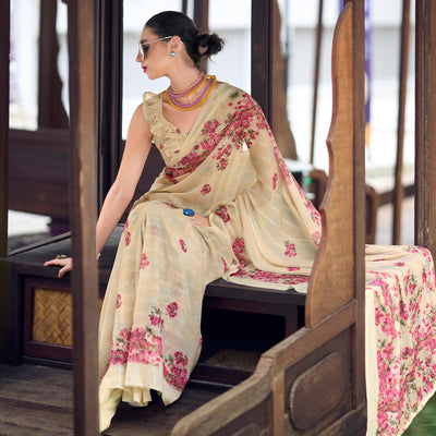 Cream Floral Digital Printed Georgette Saree