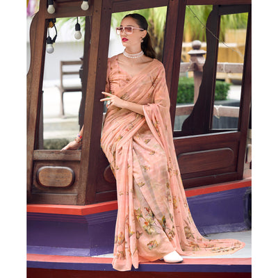 Peach Floral Digital Printed Georgette Saree
