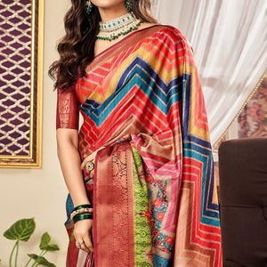 Multicolor Digital Printed Satin Saree