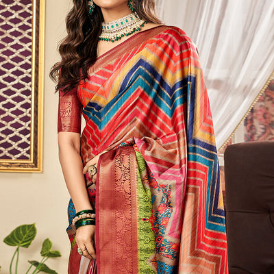 Multicolor Digital Printed Satin Saree