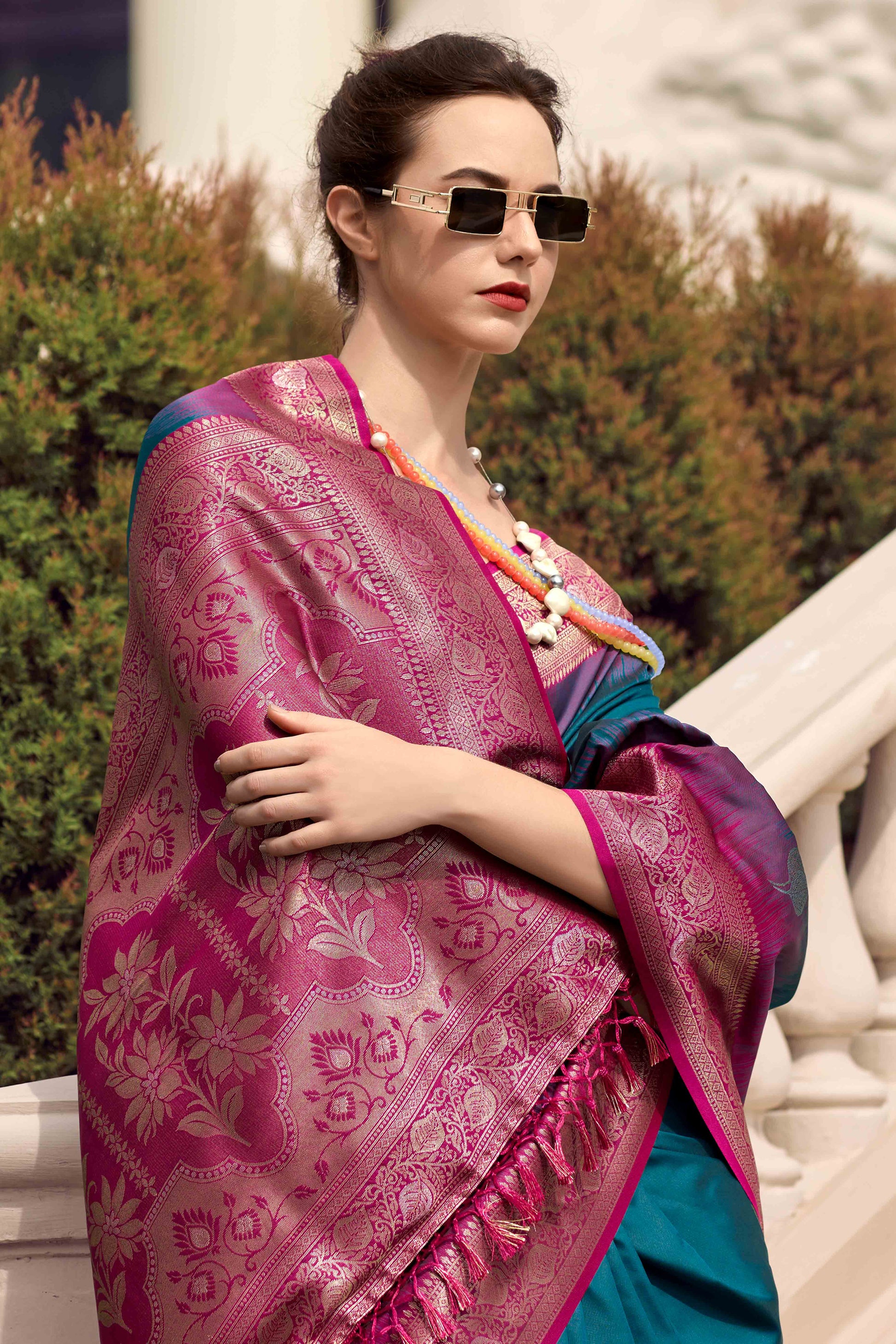 Morpich Blue Zari Weaving Pure Silk Saree