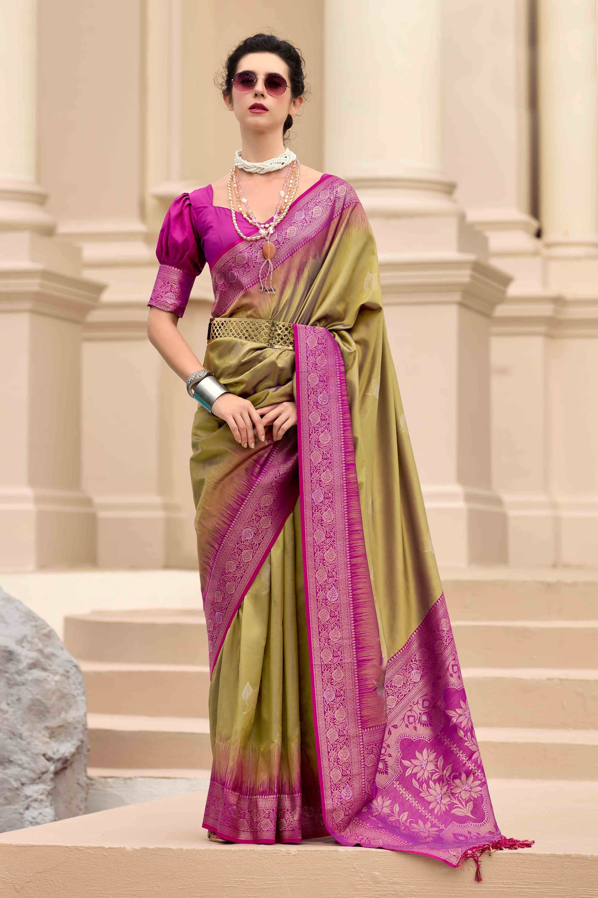 Dark Beige Zari Weaving Pure Silk Saree