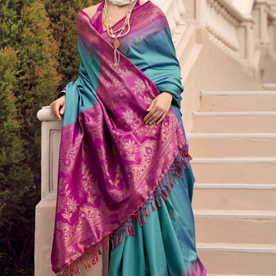 Dusty Teal Zari Weaving Pure Silk Saree
