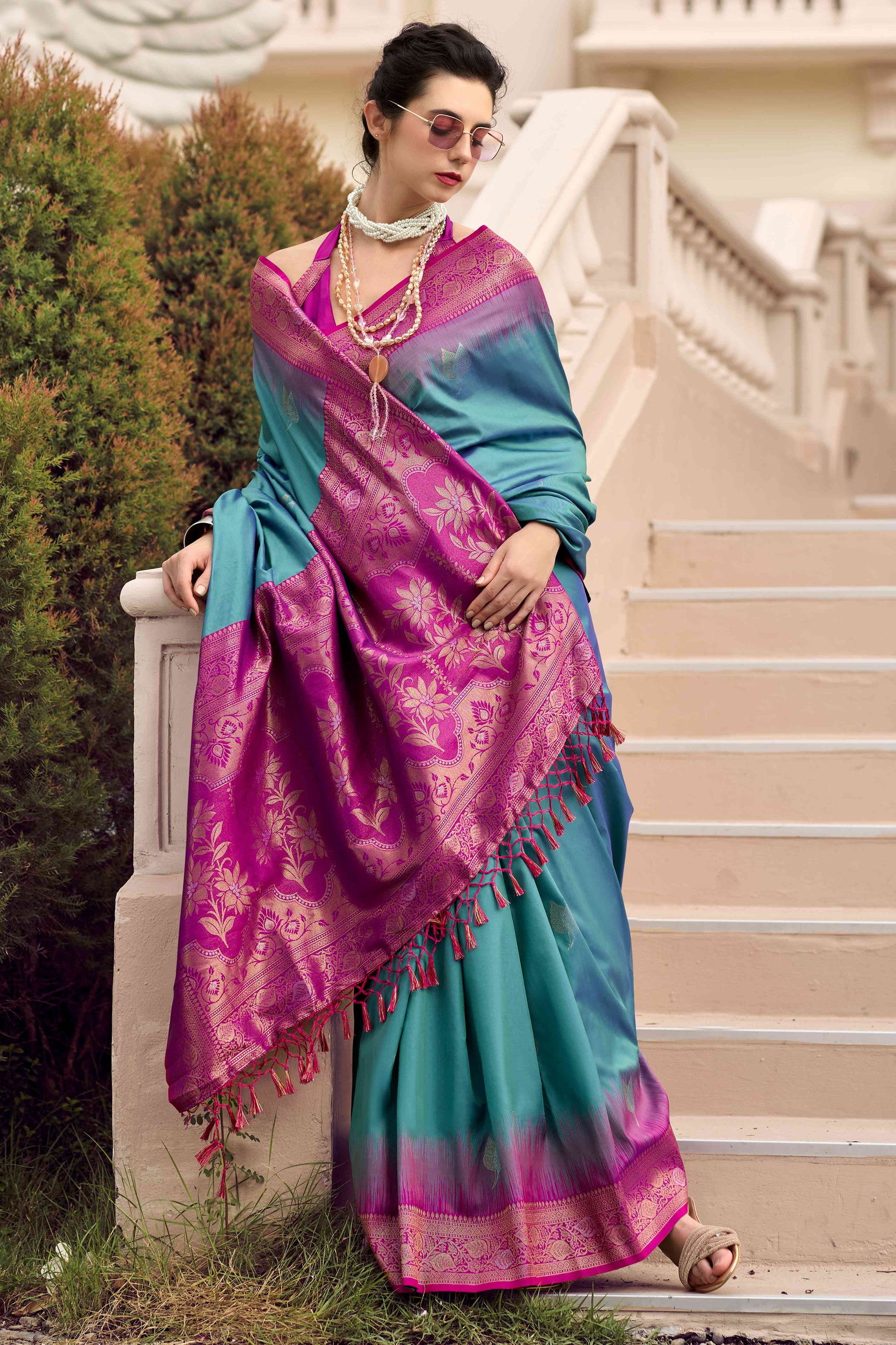 Dusty Teal Zari Weaving Pure Silk Saree
