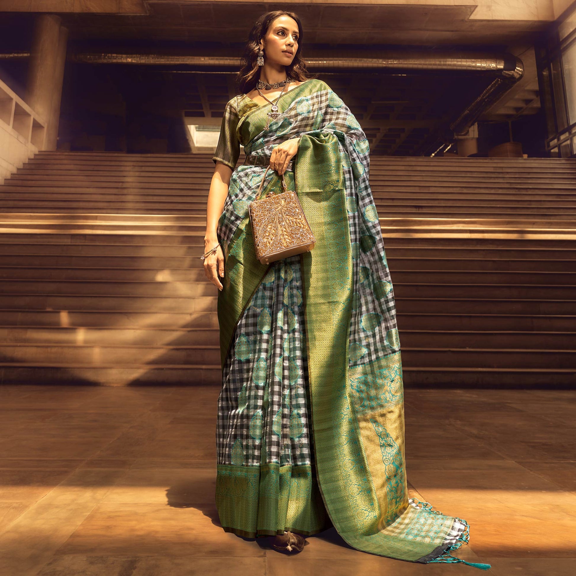 black-checks-woven-organza-saree-with-tassels