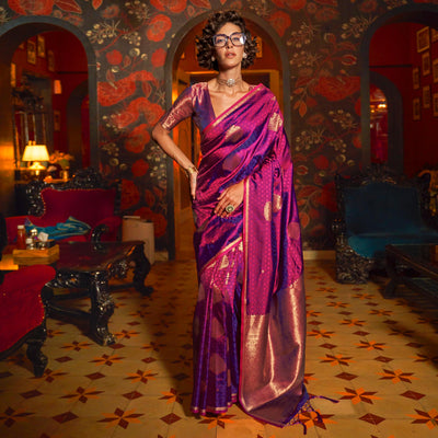 Magenta Zari Work Woven Mulberry Silk Saree