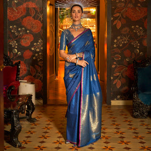 Blue Zari Work Woven Mulberry Silk Saree