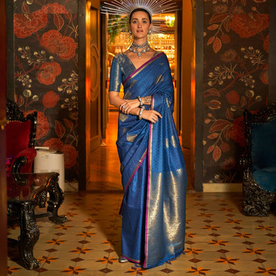 Blue Zari Work Woven Mulberry Silk Saree