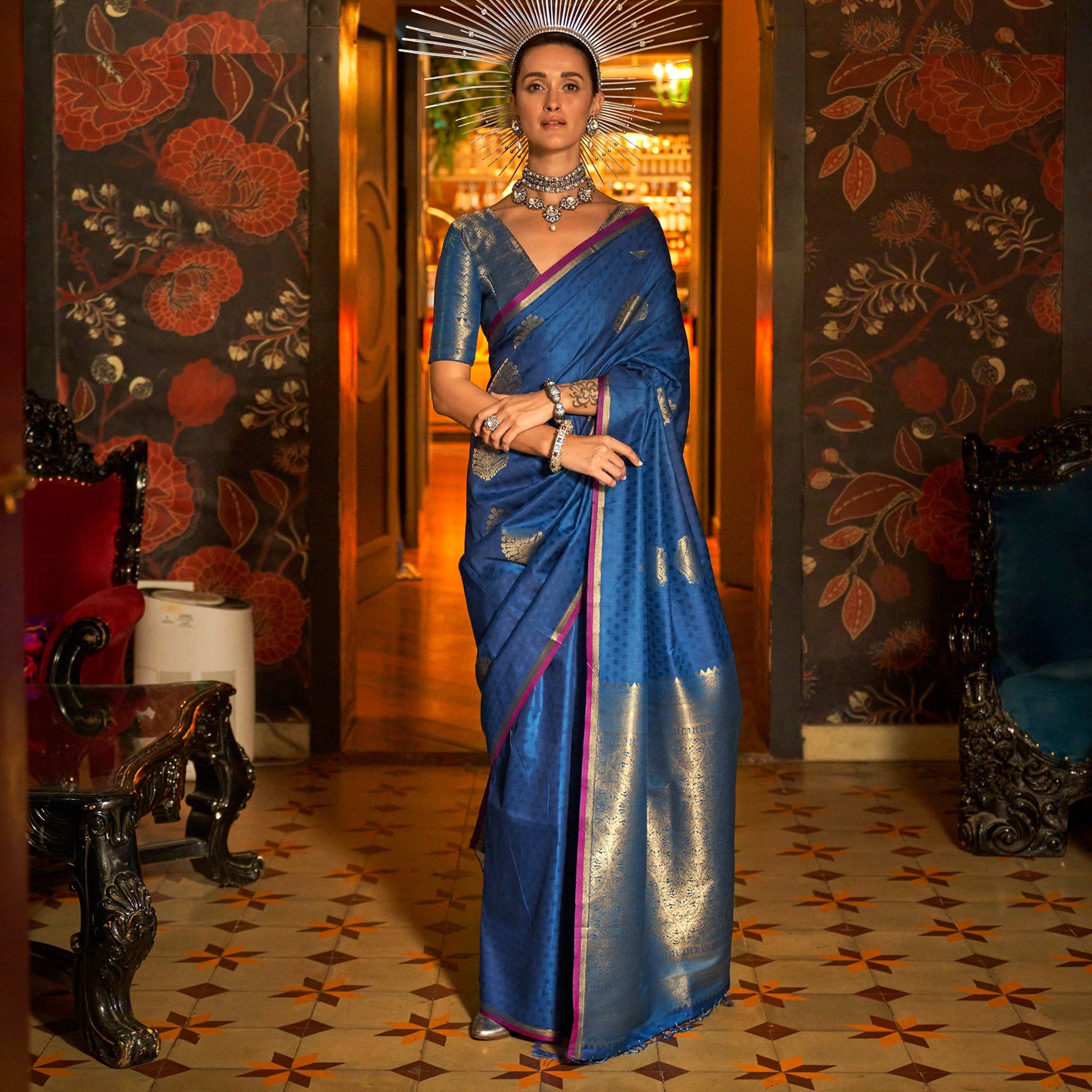 Blue Zari Work Woven Mulberry Silk Saree