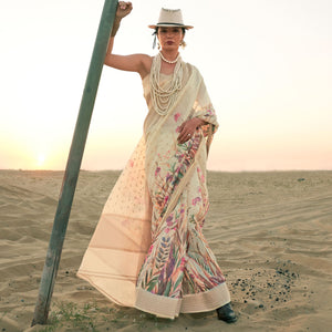 Cream Floral Digital Printed Linen Saree