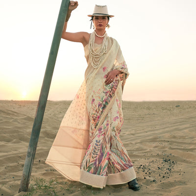 Cream Floral Digital Printed Linen Saree