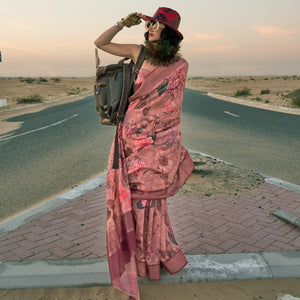 Mauve Floral Digital Printed Linen Saree