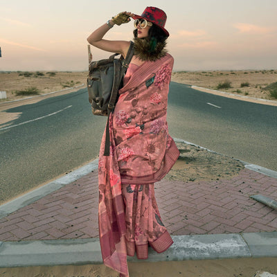 Mauve Floral Digital Printed Linen Saree