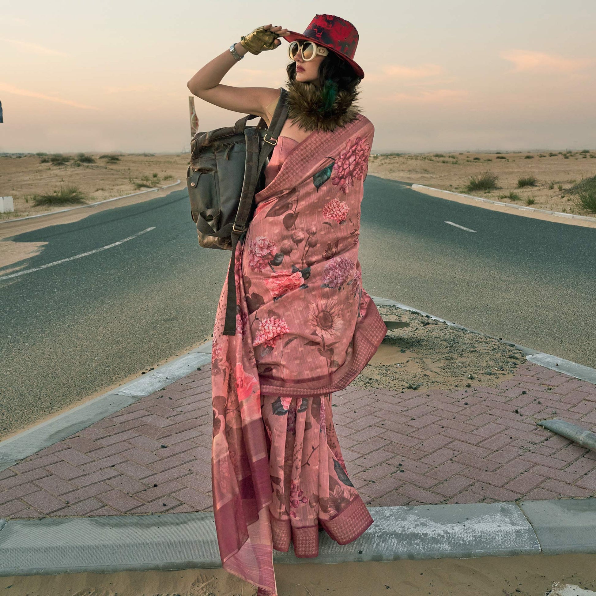 Mauve Floral Digital Printed Linen Saree