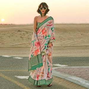 Brown Floral Digital Printed Linen Saree