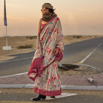 Multicolor Floral Digital Printed Linen Saree