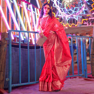 Gajri Pink Ikkat Handwoven Art Silk Saree With Tassels