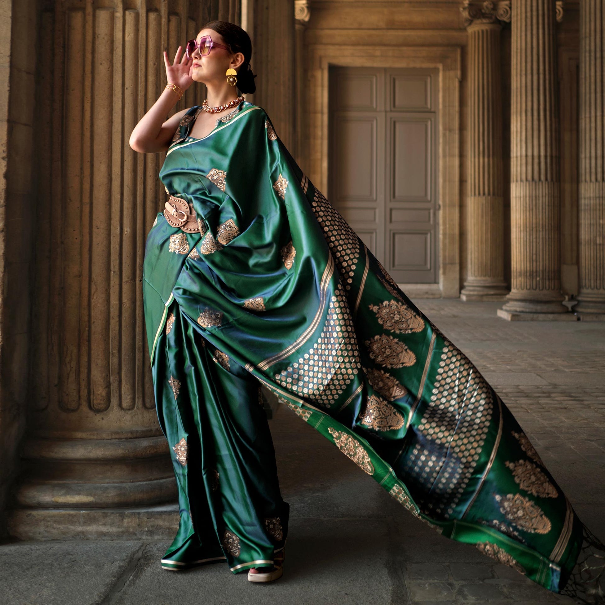 green-floral-woven-satin-saree-with-tassels