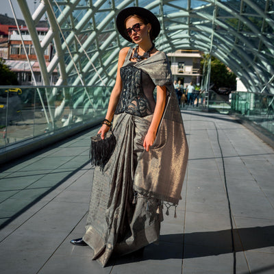 Grey Woven Art Silk Saree With Tassels