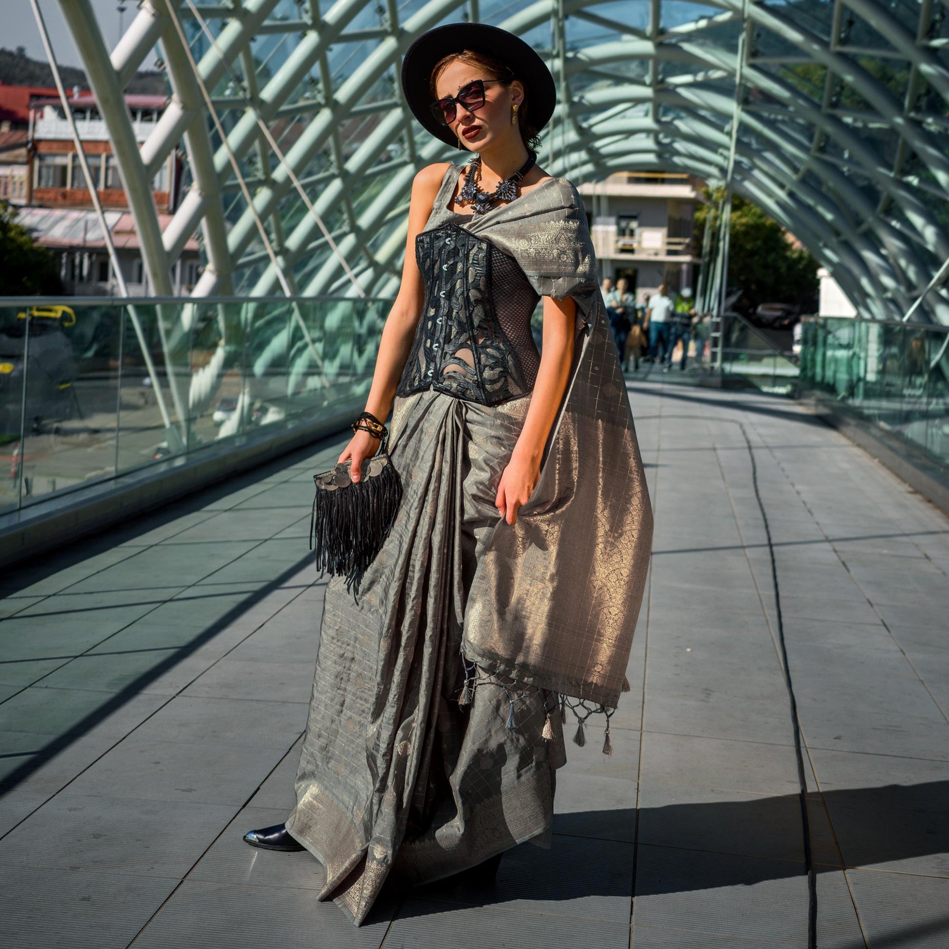 Grey Woven Art Silk Saree With Tassels