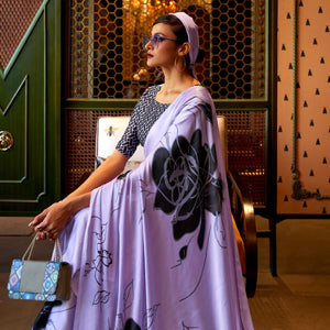Lavender Floral Printed Satin Saree