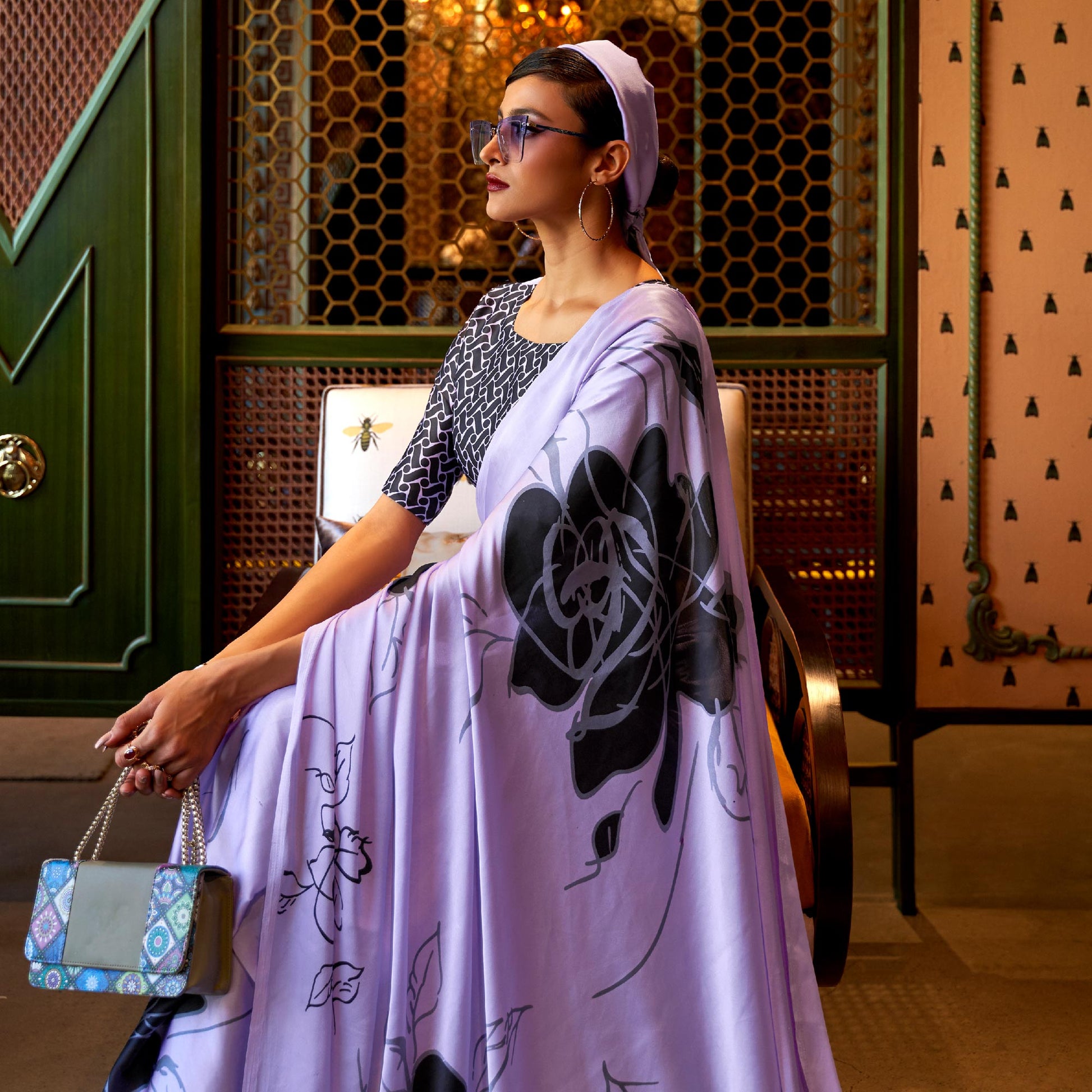 Lavender Floral Printed Satin Saree