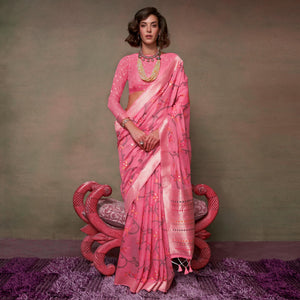 Gajri Pink Floral Woven Cotton Silk Saree With Tassels