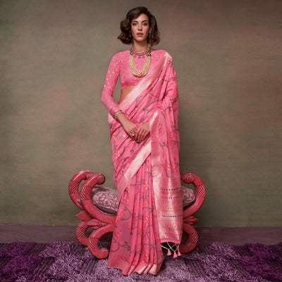 Gajri Pink Floral Woven Cotton Silk Saree With Tassels
