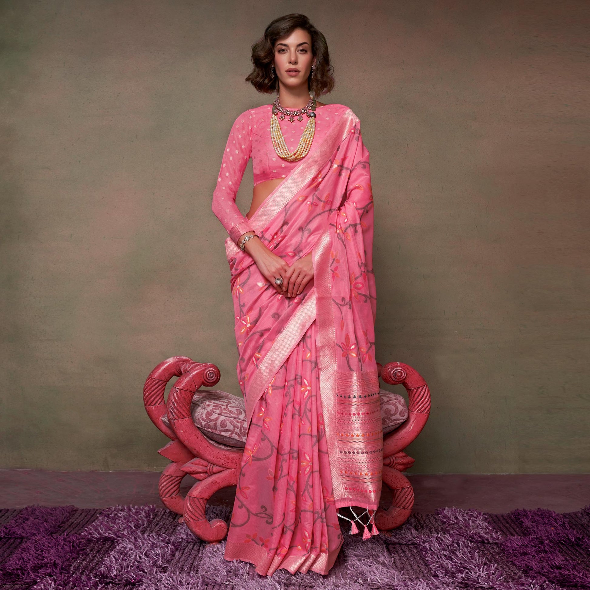 Gajri Pink Floral Woven Cotton Silk Saree With Tassels