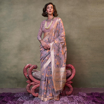 Mauve Floral Woven Cotton Silk Saree With Tassels