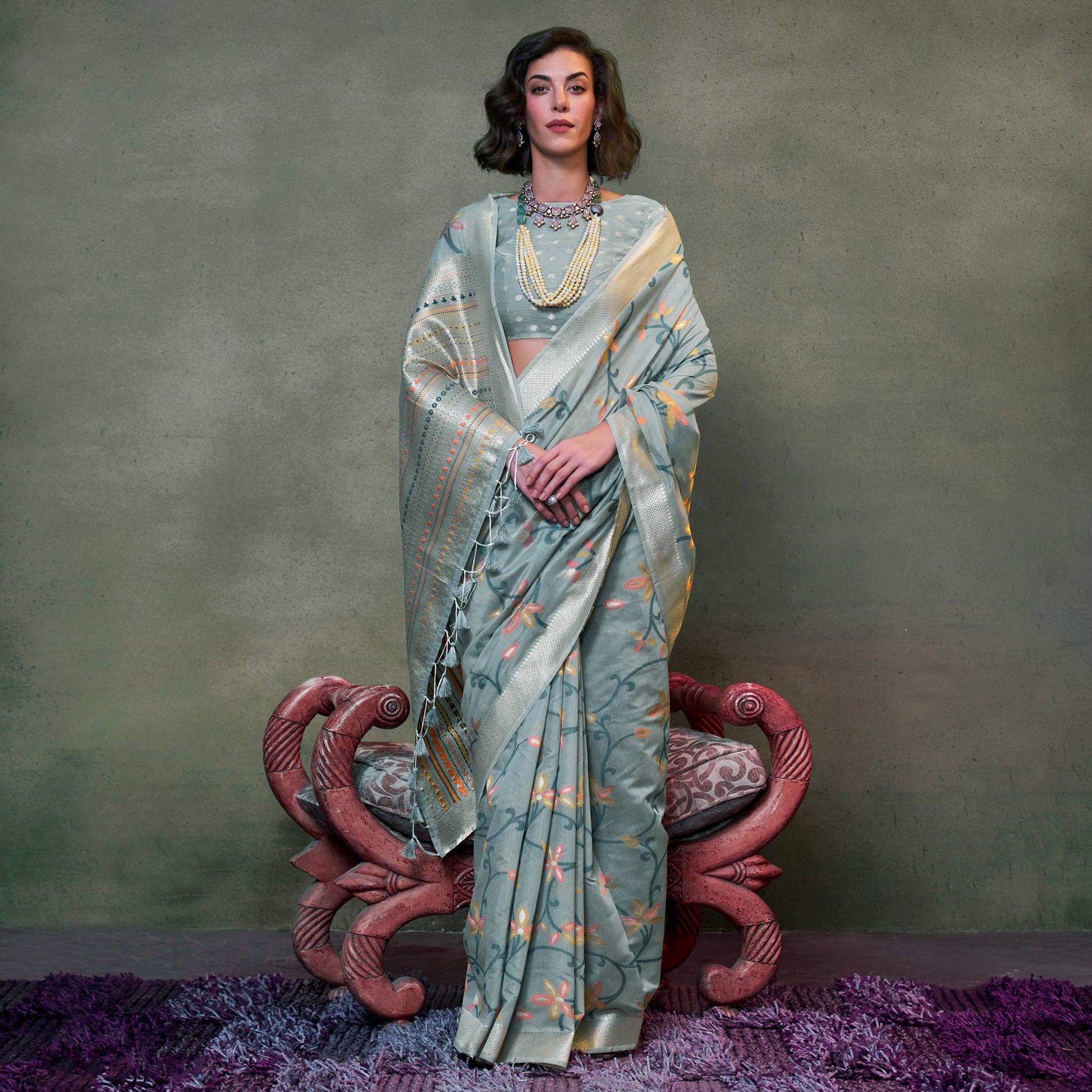 grey-floral-woven-cotton-silk-saree-with-tassels-1