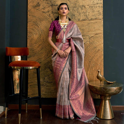 grey-floral-woven-art-silk-saree-with-tassels