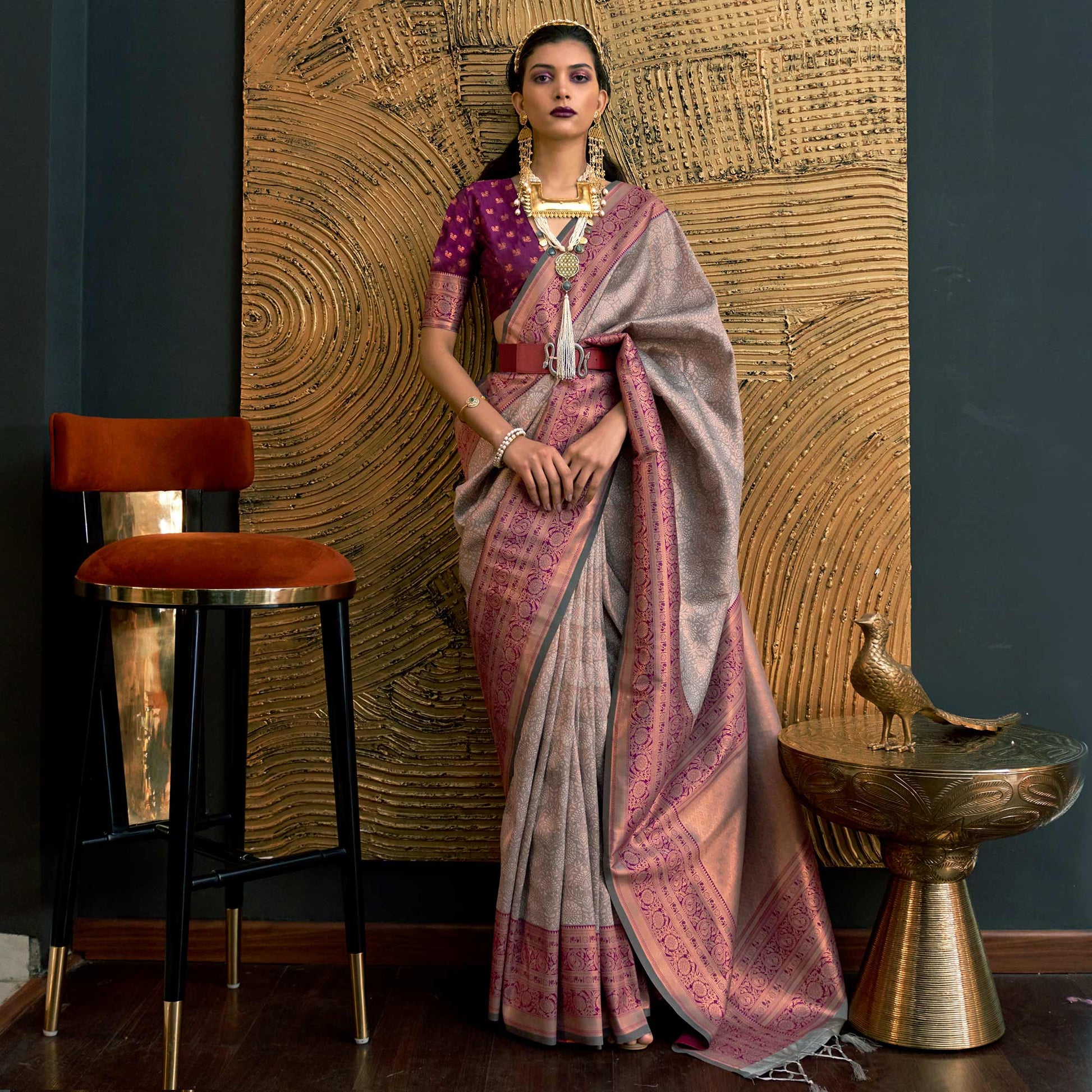 grey-floral-woven-art-silk-saree-with-tassels