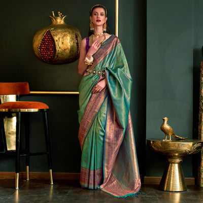 green-floral-woven-art-silk-saree-with-tassels-2